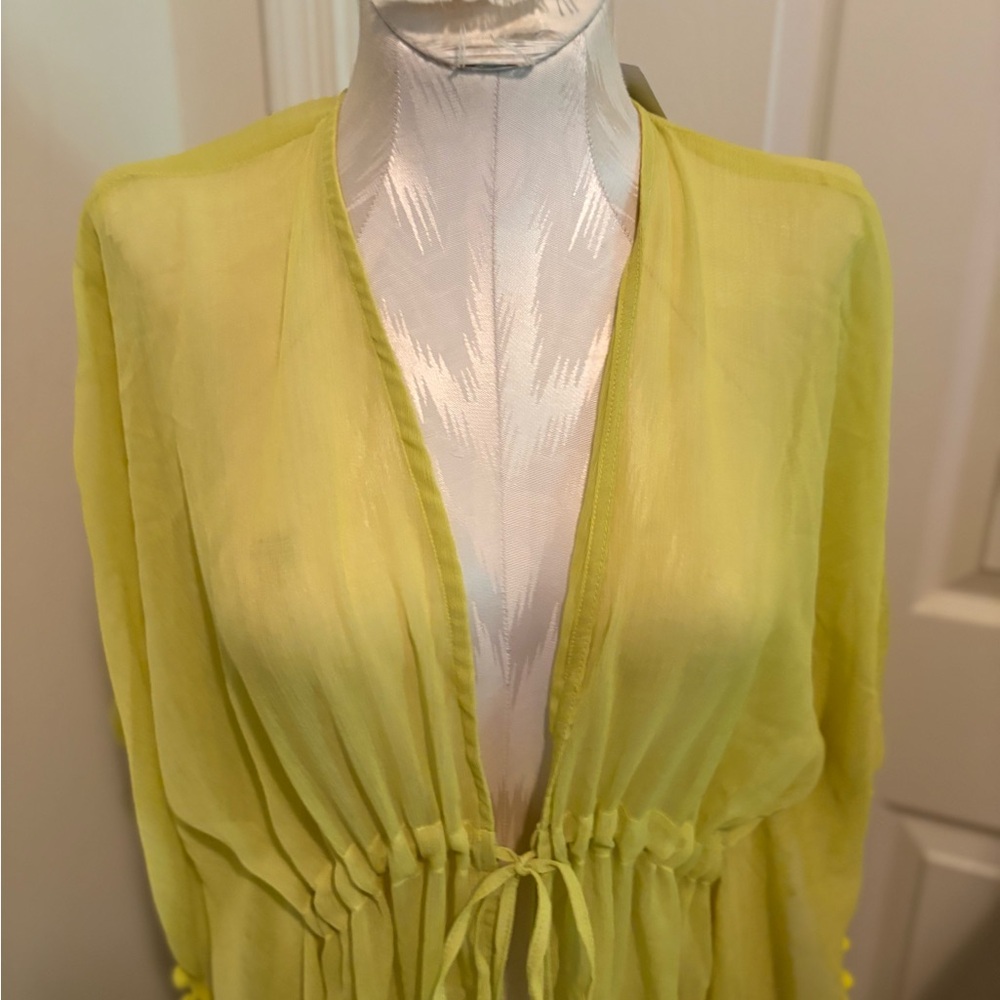 Nine West one size NWT $36 lime Sheer Kimono with Pom Pom Trim fun beach cover - Picture 2 of 11